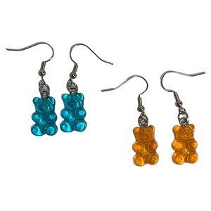 Blue & orange clear plastic gummy bear dangle pendant earrings bundle of 2 NEW